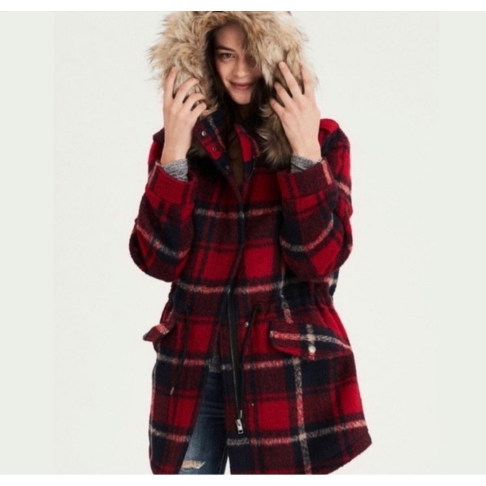 Y2K American Eagle Women's Wool Plaid Mid Length Coat S  Full Zip Fur Lined Hood